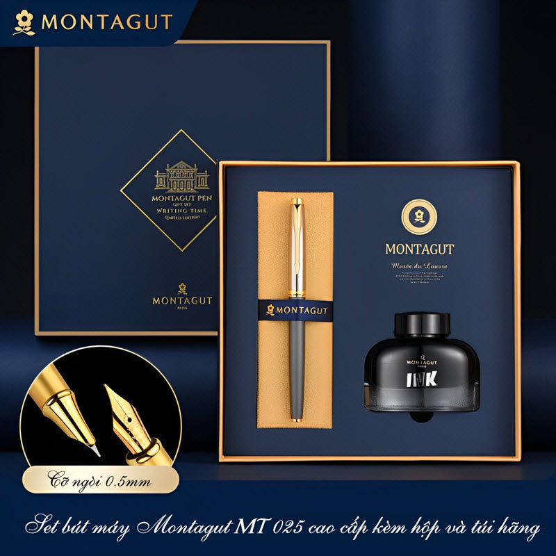 Set bút máy Montagut MT 025 cao cấp màu xám kèm hộp và túi hãng