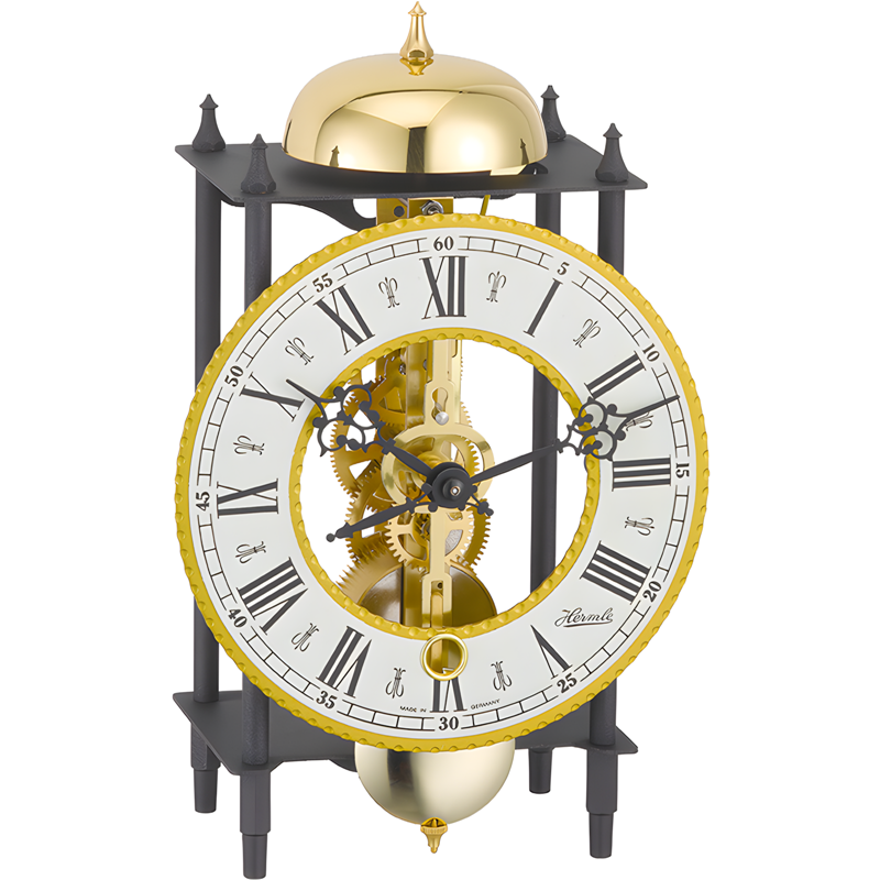Đồng Hồ Để Bàn Hermle 23003-000711 – Khung Đen Vàng, Máy Skeleton, Trữ Cót 14 Ngày, Điểm Chuông Giờ